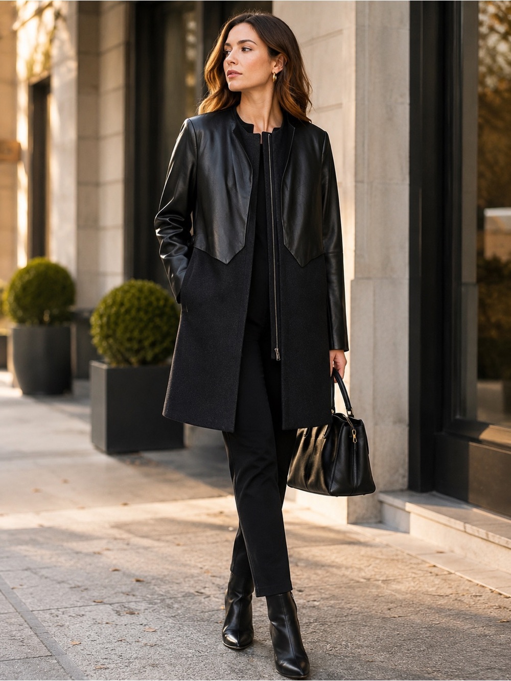 Vera Wang Black Wool & Genuine Leather Coat Women’s Size L